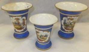 A set of three 19th Century English porcelain trumpet shaped vases,