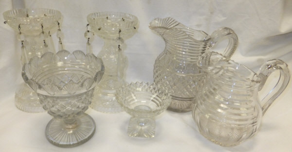 A box containing a collection of 19th Century and later glassware, to include two table lustres,