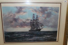 AFTER MONTAGU DAWSON "The Clipper Kaisow at sunset", colour print,