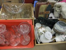 Two boxes of assorted glassware to include three champagne saucers, various jugs, etc.