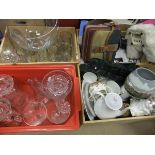 Two boxes of assorted glassware to include three champagne saucers, various jugs, etc.
