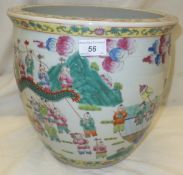 A Chinese porcelain jardinier decorated in the famille rose palette with figures in a landscape