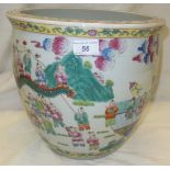 A Chinese porcelain jardinier decorated in the famille rose palette with figures in a landscape