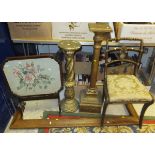 A collection of furniture comprising two gilt decorated stands, an oak fire surround,