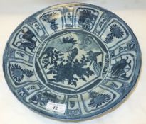 A blue and white shallow dish in the Kraak manner