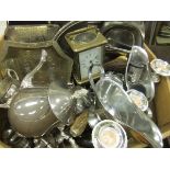 A box of assorted plated wares, to include candelabra, rose bowl etc,