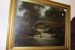 ENGLISH SCHOOL "Arched bridge over stream", oil on canvas,