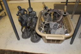 A pair of Victorian patinated spelter figures as riders on horseback,