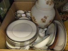 A box containing various Royal Doulton "Sarabande" dinnerwares, an opaline glass table lamp, etc.