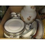 A box containing various Royal Doulton "Sarabande" dinnerwares, an opaline glass table lamp, etc.