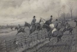 GEORGE WRIGHT "Hunt over Fields", en grisaille oil on canvas, signed lower right CONDITION REPORTS