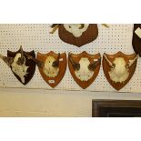 Four pairs of Fallow Deer prickets on shield shaped mounts