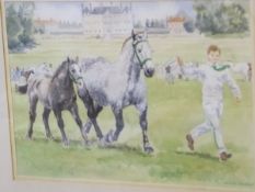 JANICE GORDON "Boy leading mare with foal", watercolour,