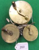 3 x Brass trout reels CONDITION REPORTS Smallest reel has wear and scuffs, some denting and mis-