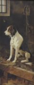 M H REES "Seated foxhound in kennel",