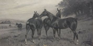 GEORGE WRIGHT "Mares in Field" en grisaille oil on canvas,
