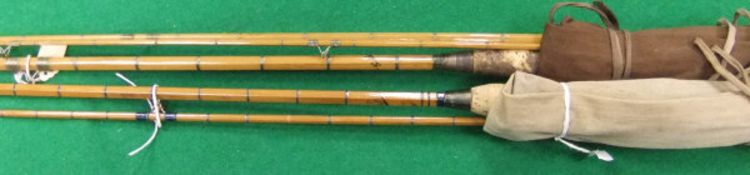 A Farlow "Barrett" two piece split cane spinning rod with lined eyes and maker's cloth bag,