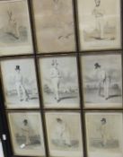 A framed and glazed collection of nine cricketing black and white lithographs depicting Thomas Box,