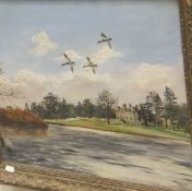 HUGH MONAHAN "Mallards in Flight with Kington Hall Beyond", oil on canvas in gilt frame,