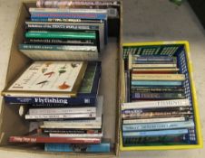 Two boxes containing a large quantity of fishing books to include editions by Dawes, Price, Rikhoff,