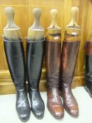 A pair of ladies black leather riding boots with Maxwell wooden trees, together with a pair of tan