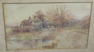 FRED FITCH "Hunt riding through village", watercolour, signed lower right,