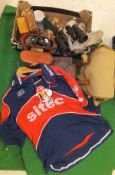 A box of sundry sporting items to include a Somerset 20 20 signed cricket top,
