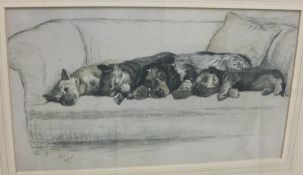 AFTER CECIL ALDIN "Terriers on a Chesterfield sofa", colour print,