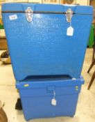 Two blue fishing tackle seat boxes containing a quantity of miscellaneous fishing tackle