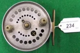 A J W Youngs 3½" diameter alloy centre pin reel
 CONDITION REPORTS Overall with wear, tarnish and