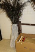 A bag of various Ostrich feathers and a box of books, mainly on sporting subjects,
