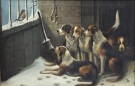 IN THE MANNER OF JOHN NOBLE "Foxhounds regarding robin", oil on canvas, bears signature "John