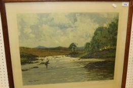 AFTER NORMAN WILKINSON "Fishing on the Garry", colour print, signed in pencil lower right