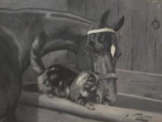 GEORGE WRIGHT "Horse and Cat in Stable" en grisaille oil on canvas,