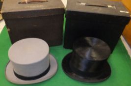 A black silk top hat by Herbert Johnson, in a cardboard hat box, together with a grey felt top hat
