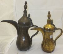 Two Turkish / Islamic brass coffee pots with tughra