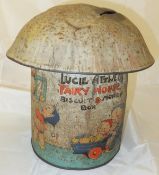A William Crawford & sons ltd biscuit tin as a mushroom inscribed "Lucie Attwell's Fairy House