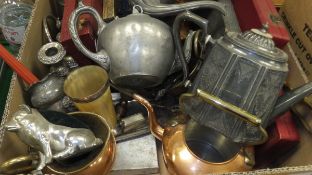 A box of assorted metal wares to include pewter teapots, a plated rimmed horn beaker, candelabra,