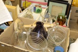 Three boxes of assorted glassware to include jugs, vases, etc,