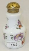 An 18th Century milk glass pounce pot with enamelled decoration of floral sprays (possibly