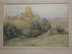 GEOFF PEMSEL "Ruined castle on hill", watercolour, signed lower left,