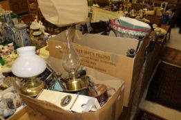 Three boxes of various metalwares to include copper and brass jugs, candlesticks, clocks,