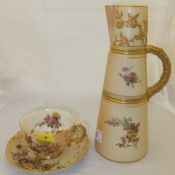 A Royal Worcester blushware jug with floral spray and gilt relief decoration,