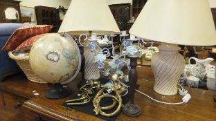 A pair of cream baluster shaped table lamp bases and shades,