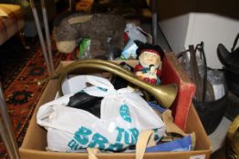 Two boxes of sundry items to include a Shorter & Son Toby jug, various vintage maps, cameras,