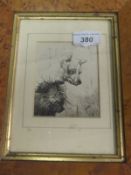 A M G "Two dogs", black and white engraving, initialled lower right,