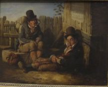 IRISH SCHOOL (R E SPENCER ?) "Resting travellers", oil on panel, unsigned, signed in pencil verso "R