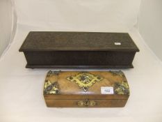 A Victorian walnut glove box with pierced brass mounts and studwork decoration,