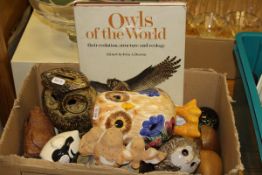 A box containing a large quantity of various owl figures, and book "Owls of the World ...