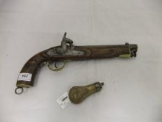 A reproduction Victorian military hammer action pistol, the metalwork with various engravings,